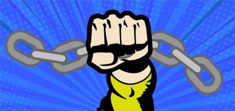 Superhero arm gripping chain representing strong backlinks